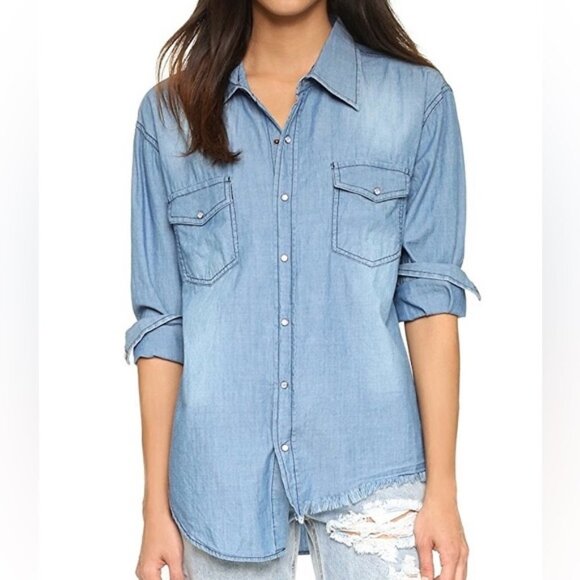 Free People One Teaspoon Chambray Denim Button Down Shirt Jean Frayed Blue XXS - Picture 4 of 16
